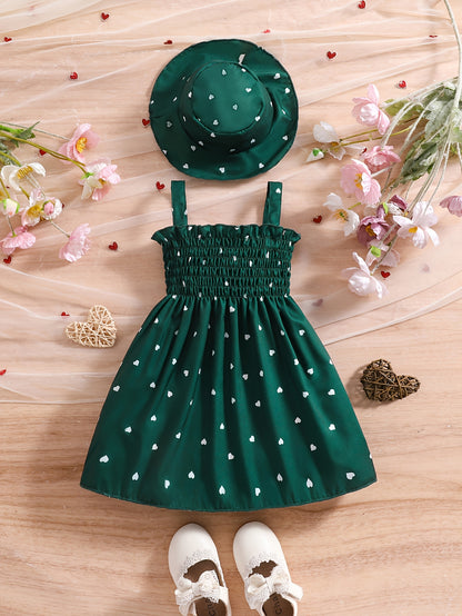 Girls' Sleeveless Heart-Print Dress & Hat Set for Summer 0-3 Years