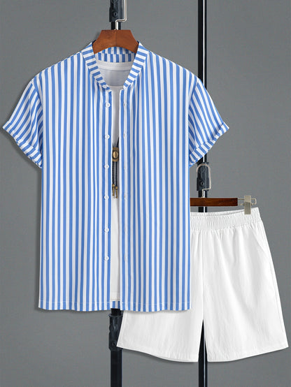 Men's Casual Summer Set: Striped Stand Collar Shirt & Soft Shorts