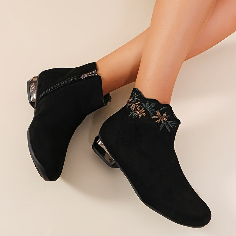 Women'S Casual Ankle Booties with Embroidery - Solid Color Flannel Platform Boots with Zipper Closure, Round Toe, Block Heel, Rubber Sole, Fall Season Low Heel Short Boots with Random Printing Detail