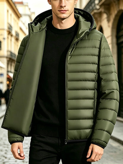 Men's Casual Hooded Padded Coat - Warm Polyester Outerwear