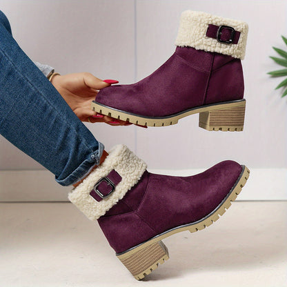 Chunky And Clssic Women'S Ankle Boots, Comfortable And Elegent Woemen Shoes. Warmth Khaki、Black And Beige Winter Women' Boots. Solid-Colored. Fleece-Lined Boots, Heighten And Non-Slip Lighhtweight Shoes with Cute Round Toe.