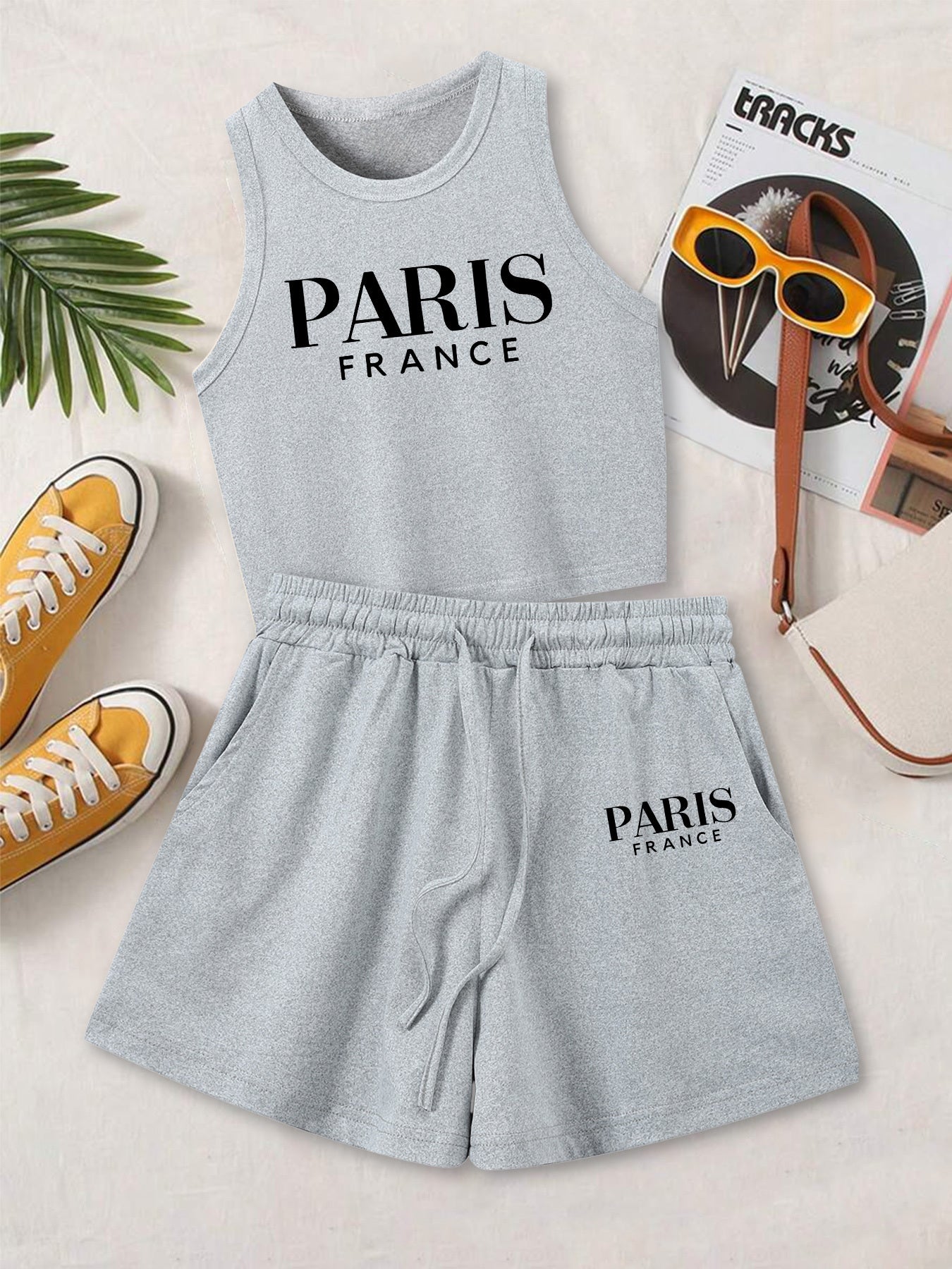 Casual Women's Two-Piece Vest and Shorts Set with Pattern Print
