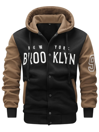 Men's 'BROOKLYN' Pattern Color Blocking Hooded Jacket, Casual Preppy Style Coat For Spring And Autumn Outdoors As Gift