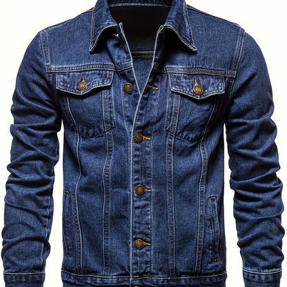 Men's Chic Washed Denim Jacket, Casual Street Style Button Up Contrast Stitching Jacket For Fall Winter