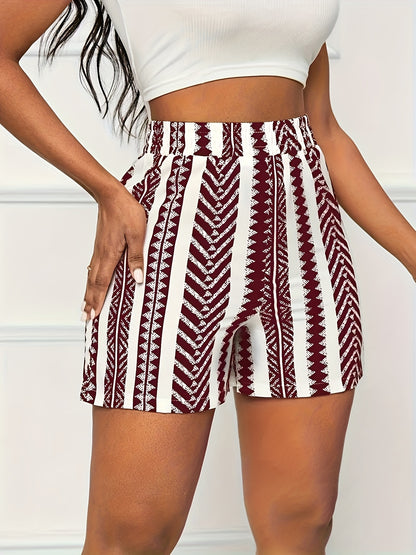 Women's Summer Striped Print Shorts - Vacation Elastic Waist, Lightweight Polyester Blend, Machine Washable, Maroon and White, Resort Fashion|Striped Pattern|Lightweight Fabric