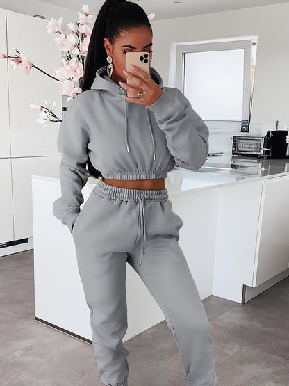 Women's Autumn Winter Fleece Hooded Sweatshirt Two-Piece Set - ayq