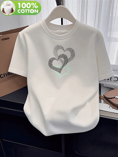 Women’s Cotton Crew Neck T-Shirt with Heart Applique, Casual Fit