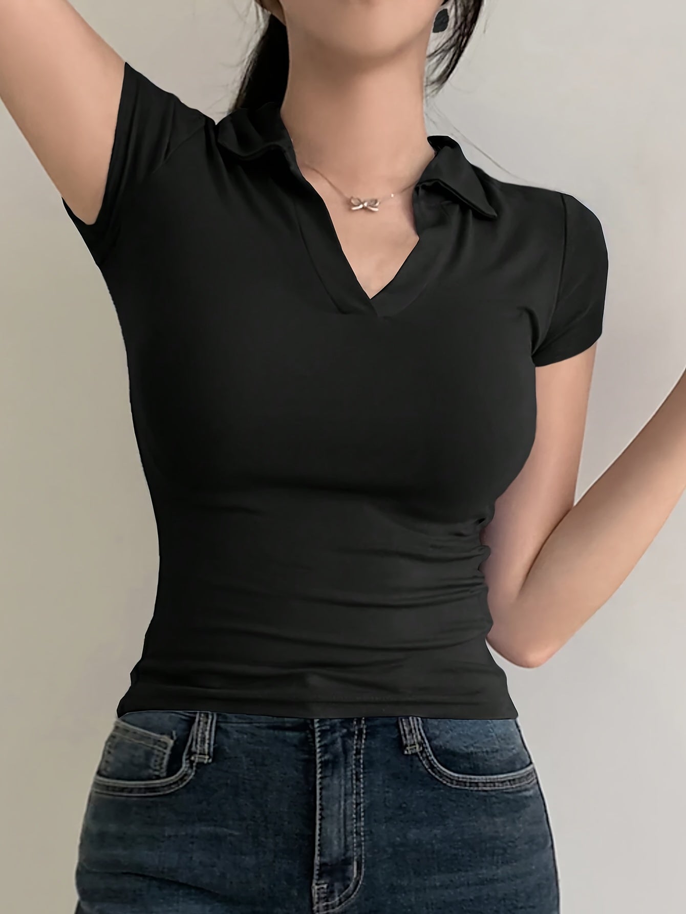 [Sleek Fit] Women's Slim Fit Short Sleeve Shirt - Elegant Black V-Neck Tee, Stretchy Polyester Blend, Machine Washable, Perfect for Spring/Summer/Fall, Short Sleeve Blouses