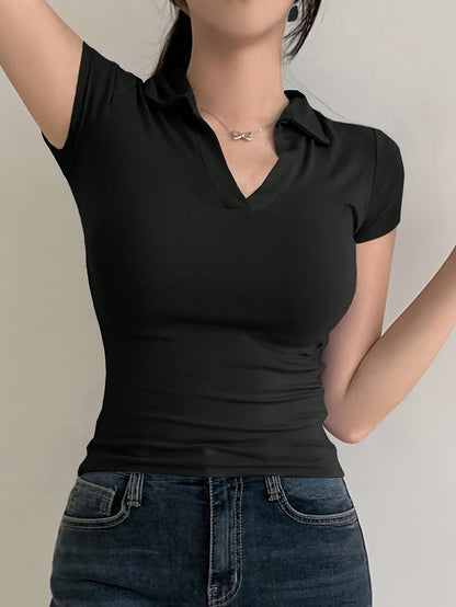 [Sleek Fit] Women's Slim Fit Short Sleeve Shirt - Elegant Black V-Neck Tee, Stretchy Polyester Blend, Machine Washable, Perfect for Spring/Summer/Fall, Short Sleeve Blouses