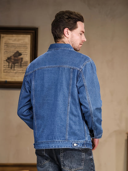 Men's Casual Denim Jacket - Spring & Autumn Collection, Washed Blue, Cotton Blend, Machine Washable, Lapel Collar with Pockets, 2024 New, Denim Jacket