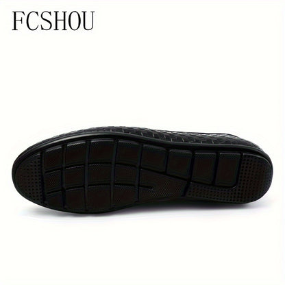 Men's Slip-On Leather Loafers with Rubber Sole - Casual Square Toe