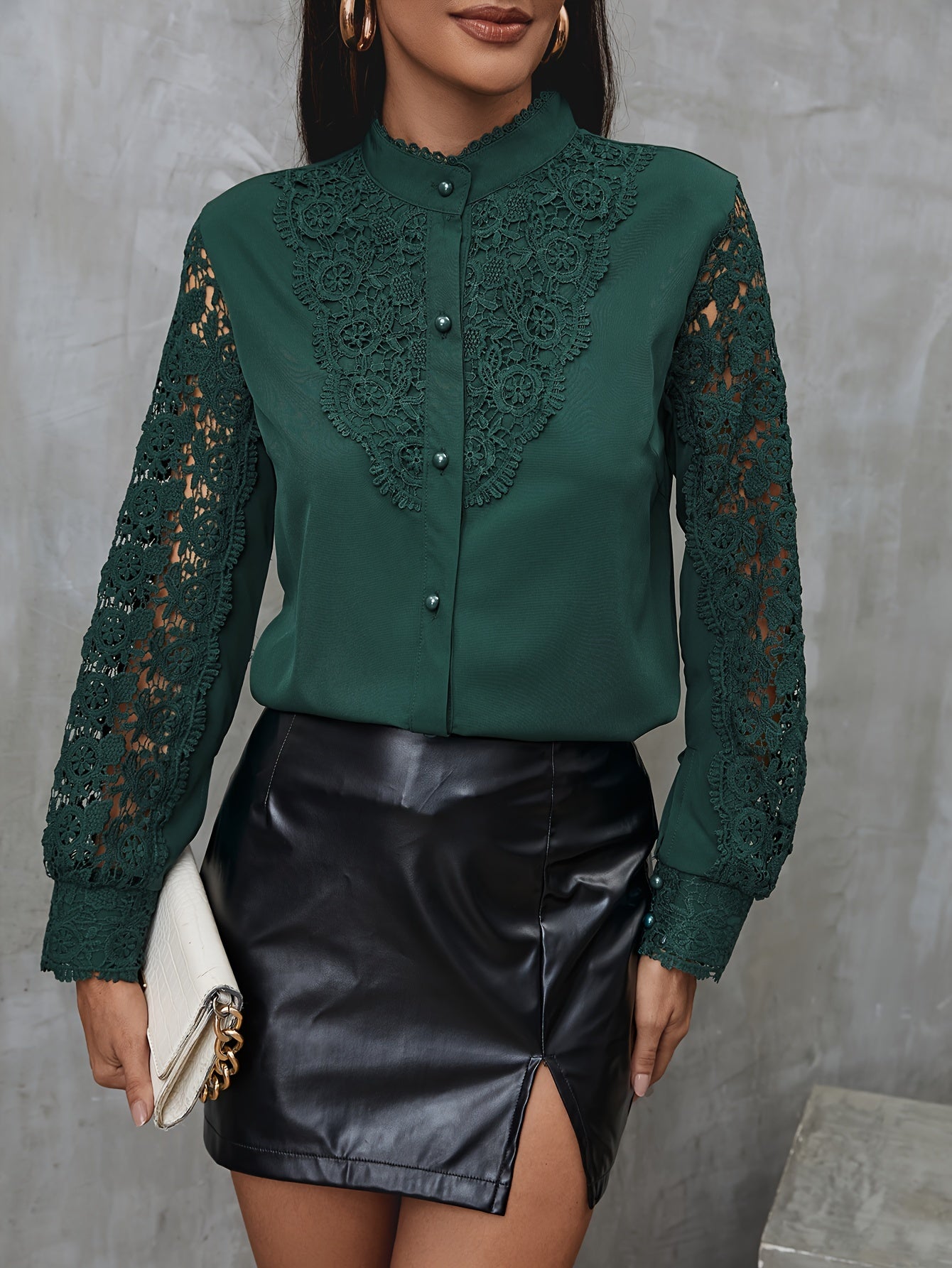 Solid Contrast Lace Blouse, Elegant Mandarin Collar Long Sleeve Blouse, Women's Clothing