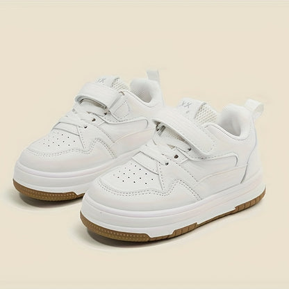Preppy Style Solid Color Casual All-Season Low Top Sneakers for Boys and Girls with Adjustable Strap Closure, PU Upper, Fabric Lining, and Durable Rubber Sole, Perfect for Daily Wear & School Under 14 Years - White
