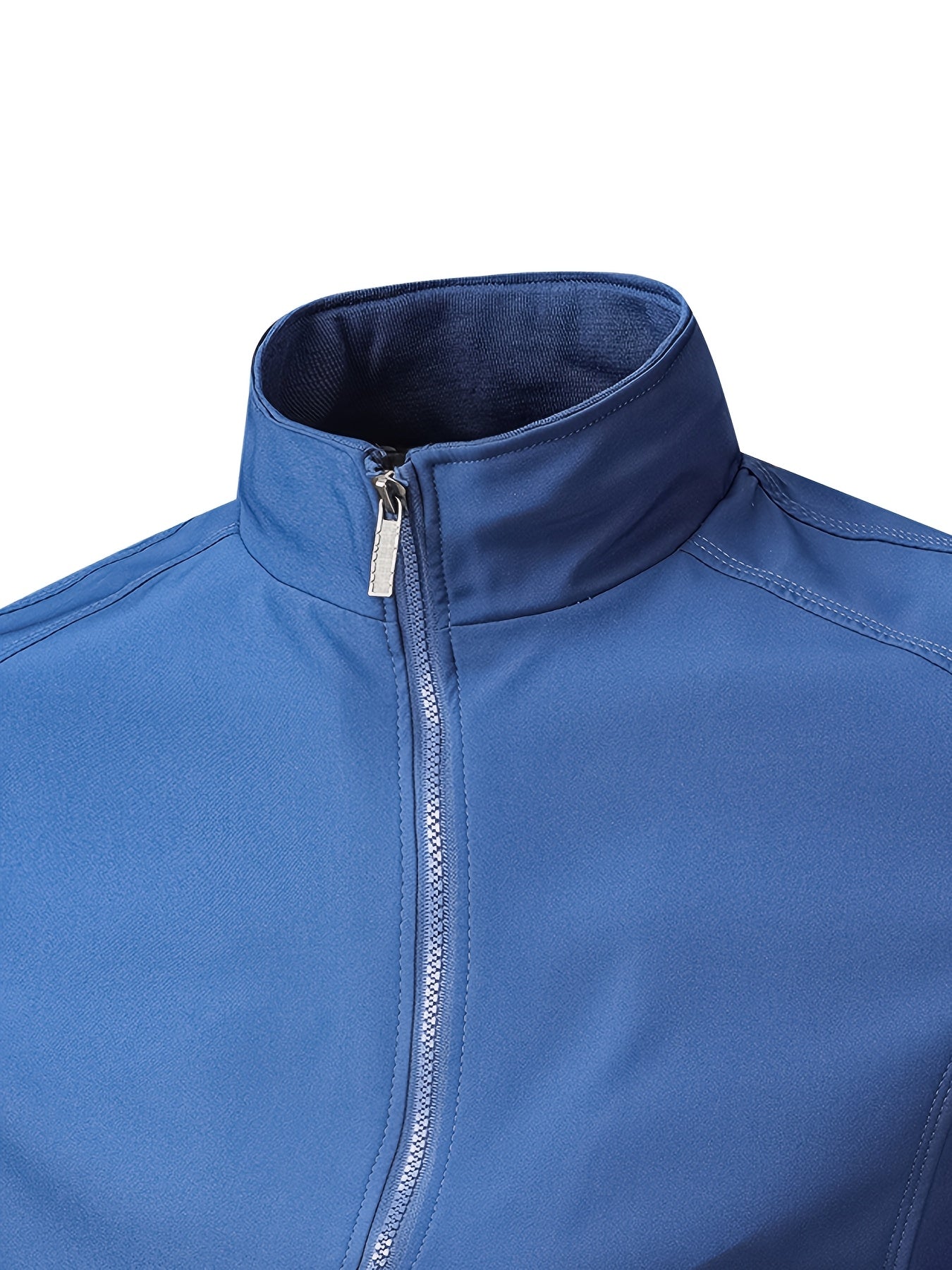 Men's Casual Royal Blue Bomber Jacket - Full Zip, Loose Fit, Polyester, Stand Collar, Long Sleeve, Lightweight & Durable for Spring and Fall, Casual Outerwear | Ribbed Cuff Sleeves | Durable Outerwear