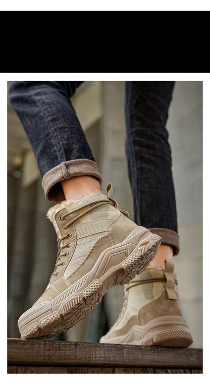 Men's High-Top Winter Boots with -Like Collar & - Heavy-Duty PU Upper, PVC Sole, Beige/Tan Lace-Up Snow Boots for Ice, Slush,, Outdoor (Warm Cold Weather Footwear)