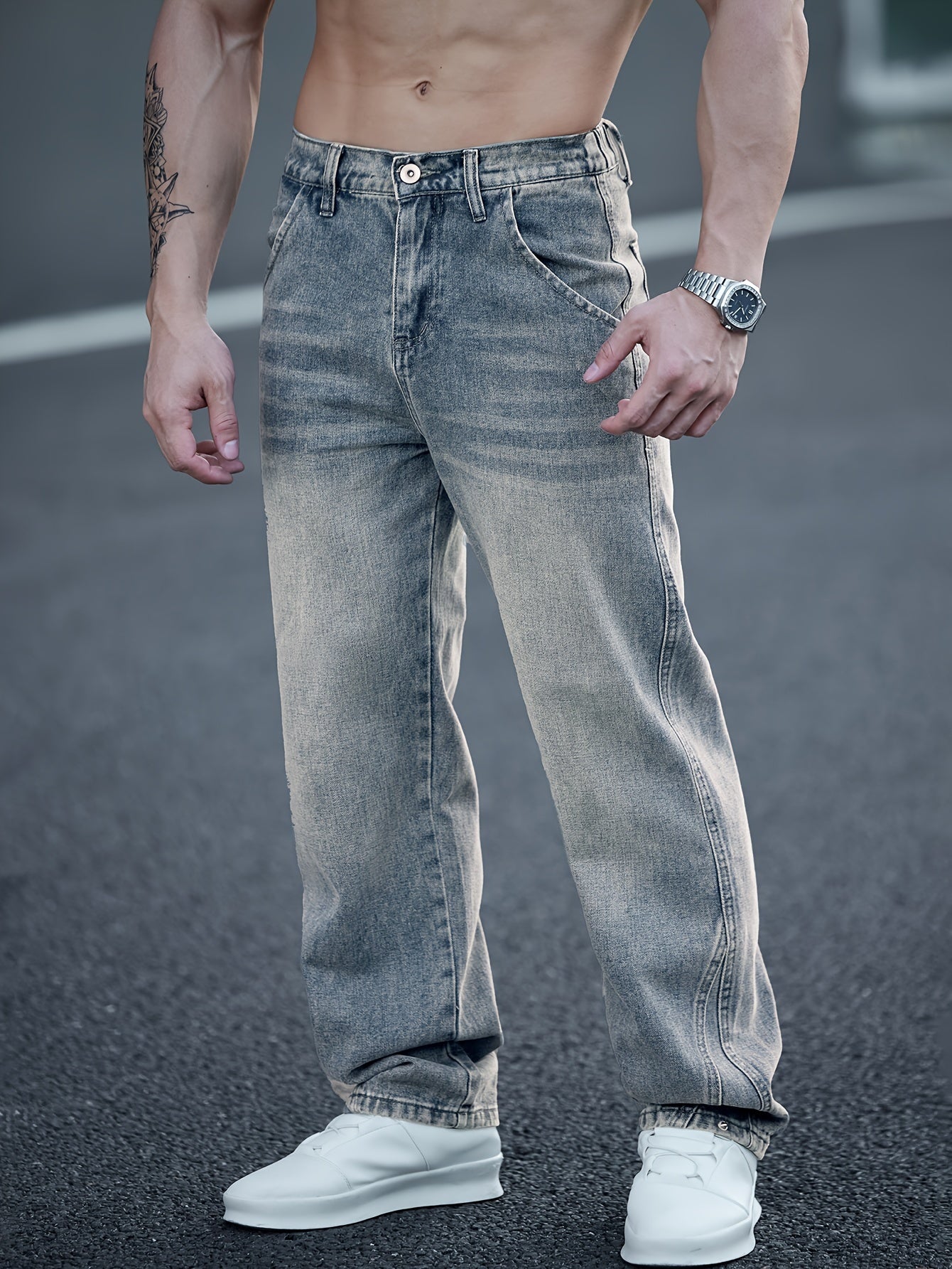 Men's Fashionable Washed Denim Wide-Leg Pants, Comfortable High-End Casual Trousers for All Seasons, Autumn-Winter, Versatile