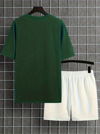 New Summer Men's Printed 2pcs Fashion Casual Suit, Round Neck Short Sleeve T-shirt and Waistband Shorts Set