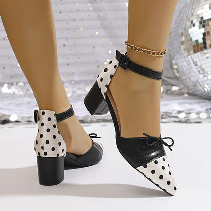 Women'S Sexy Polka Dot Mary Jane Pumps with Bow Detail - Pointed Toe, Block Heel, Ankle Strap, Summer Fashion Show Shoes, Hollow Design, Synthetic Cover  Rubber Sole, Summer Fashion Shoes   Polka Dot Pattern   Rubber Sole Fo