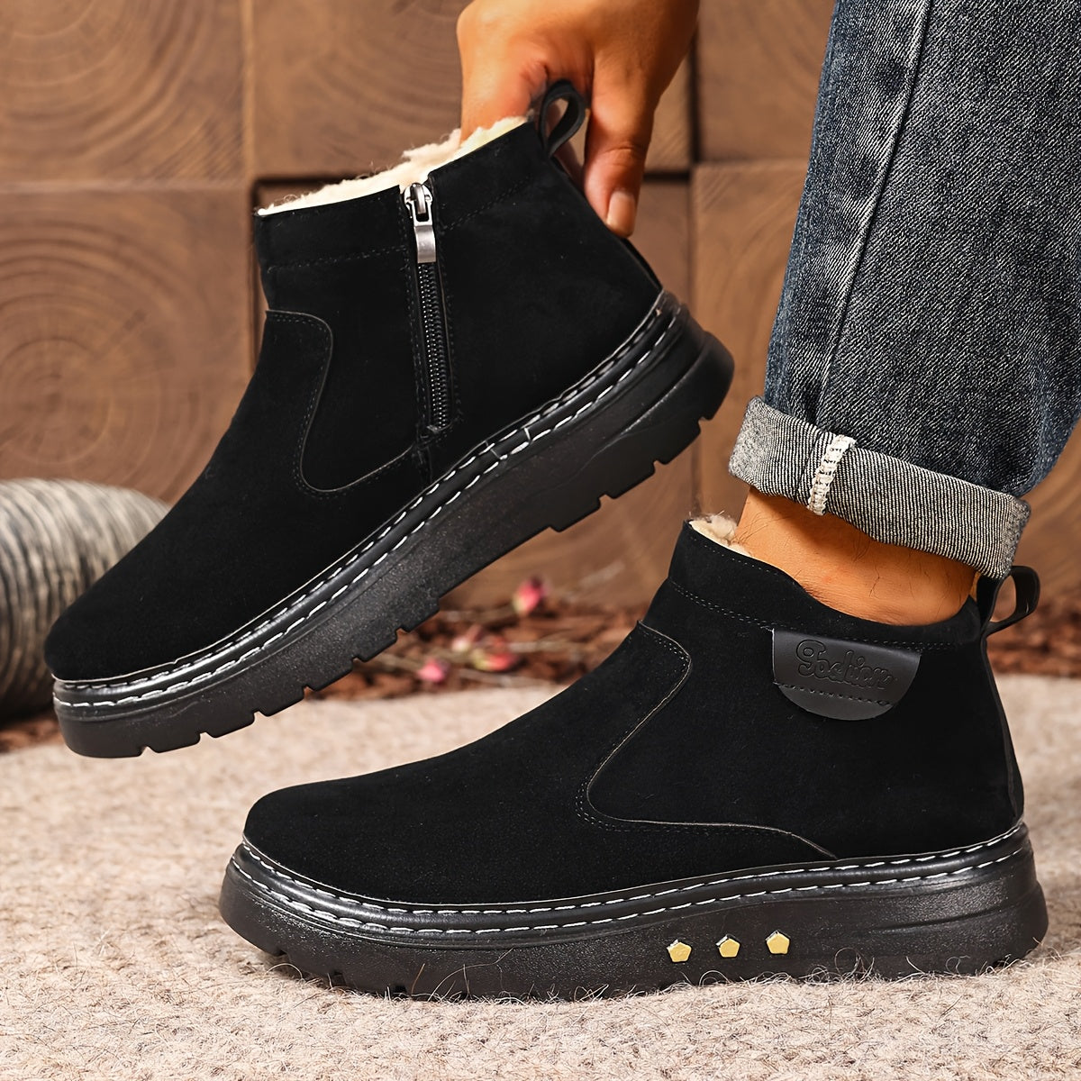 Men's Winter Ankle Boots - Slip-On Snow Boots with Fleece Lining & Thick PU Sole, Brown/Black - Slip-Resistant Traction Tread - Warm Thermal Boots for Ice, Snow, and Cold Weather - Ideal for Everyday, Formal, or winter activi