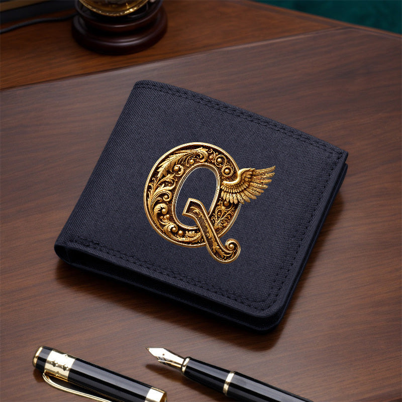 1pc Men's Short Canvas Initial Name Wallet, Zippered Denim Wallet for Men, Plain Ultra-Thin Letter Wallet for Men