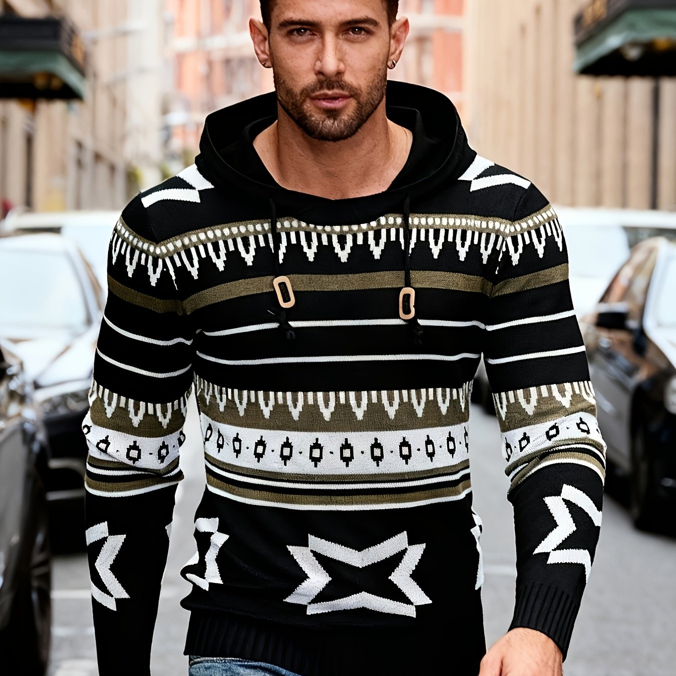 Տղամարդու գլխարկով սվիտեր աշնանային և ձմեռային համար, երկրաչափական տրիկոտաժե նախշերով, փողոցային ոճով և հարմարավետ տրիկոտաժե սվիտերով