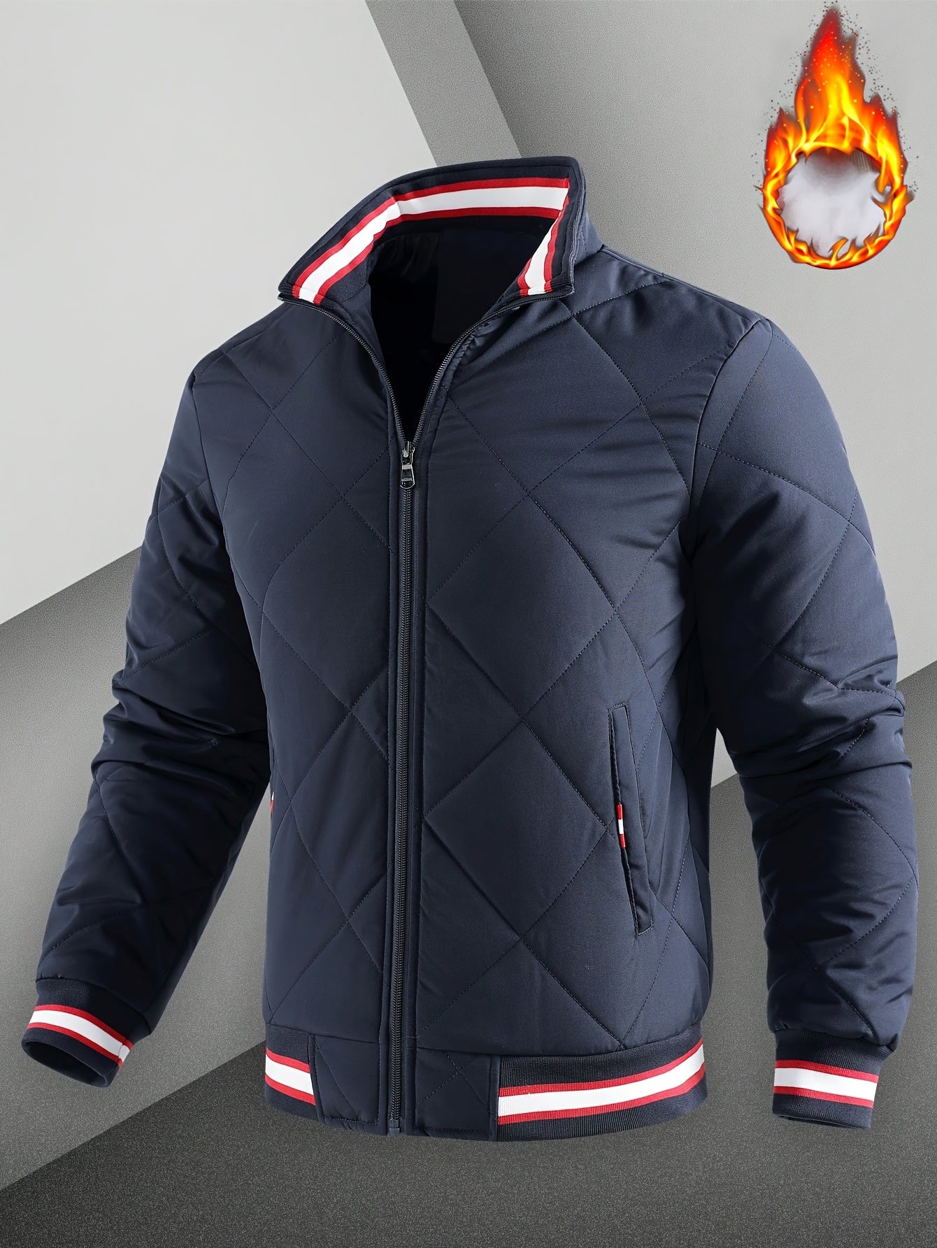 Men's Casual Quilted Polyester Jacket with Stand Collar