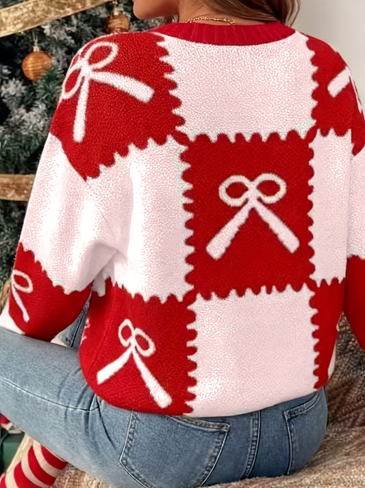 Women'S Christmas Sweater - Red & Holiday Pullover with Ribbon Bow, Long Sleeve Round Neck Sweater for Christmas Parties, Office
