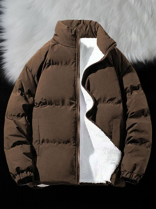 Yilong OBM Men's 2025 Fleece-Lined Winter Coat - Stand Collar Padded Insulation, Machine Washable Polyester, Solid Color Casual Jacket with Zipper Closure for Cold Weather, Winter Jacket, Outdoor Clothing, Minimalist Design,