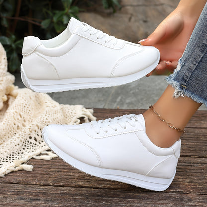 Women's Lightweight Casual Sneakers - White Synthetic Leather, All-Season Comfort, Stability Support, Breathable Fabric Lining, TPR Sole, Perfect for Casual Attire, Cute Shoes