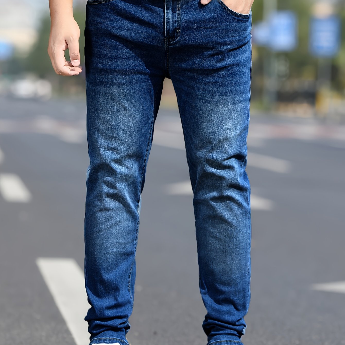 Men's Washed Jeans - Solid Color Casual Straight-Look Pants, Machine-Washable All-Season Fit for Casual Attire & Smart-Casual Outfits (Regular Length) - ayq
