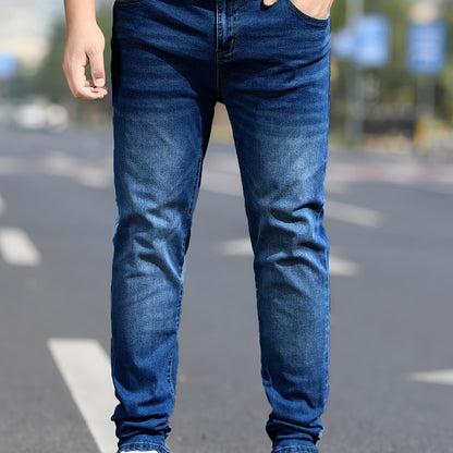 Men's Washed Jeans - Solid Color Casual Straight-Look Pants, Machine-Washable All-Season Fit for Casual Attire & Smart-Casual Outfits (Regular Length) - ayq