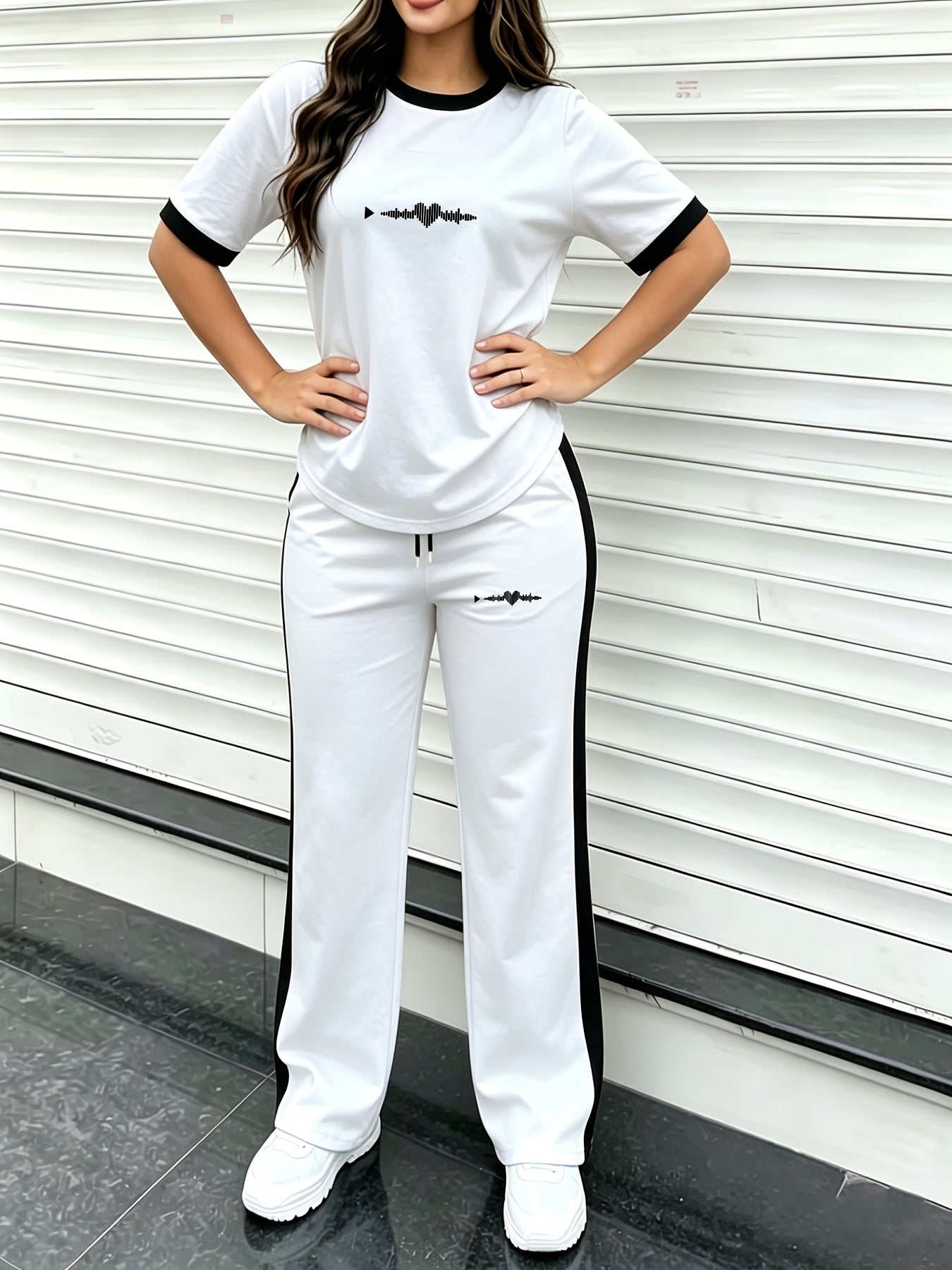 Women's Casual 2-Piece Set with ECG Print - Loose Fit Jogger Outfit