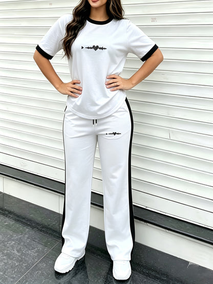 Women's Casual 2-Piece Set with ECG Print - Loose Fit Jogger Outfit