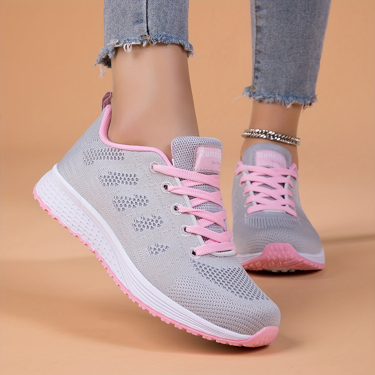 Women's Lightweight Breathable Mesh Running Shoes - Comfortable Low-Top Sneakers with Non-Slip MD Sole, Lace-Up Closure, and Stylish Pink Accents for All Seasons