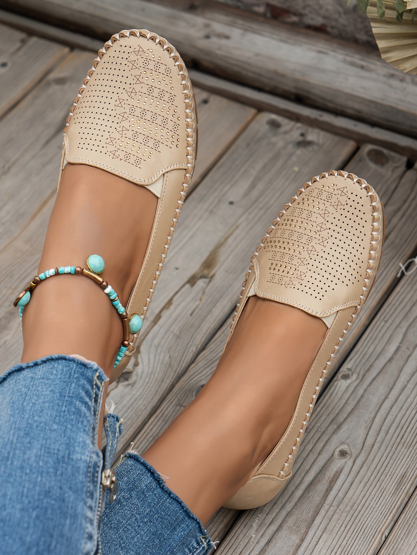 Women's Retro Perforated Flat Shoes, Comfy Breathable Round Toe Slip On Shoes, Casual Outdoor Loafers