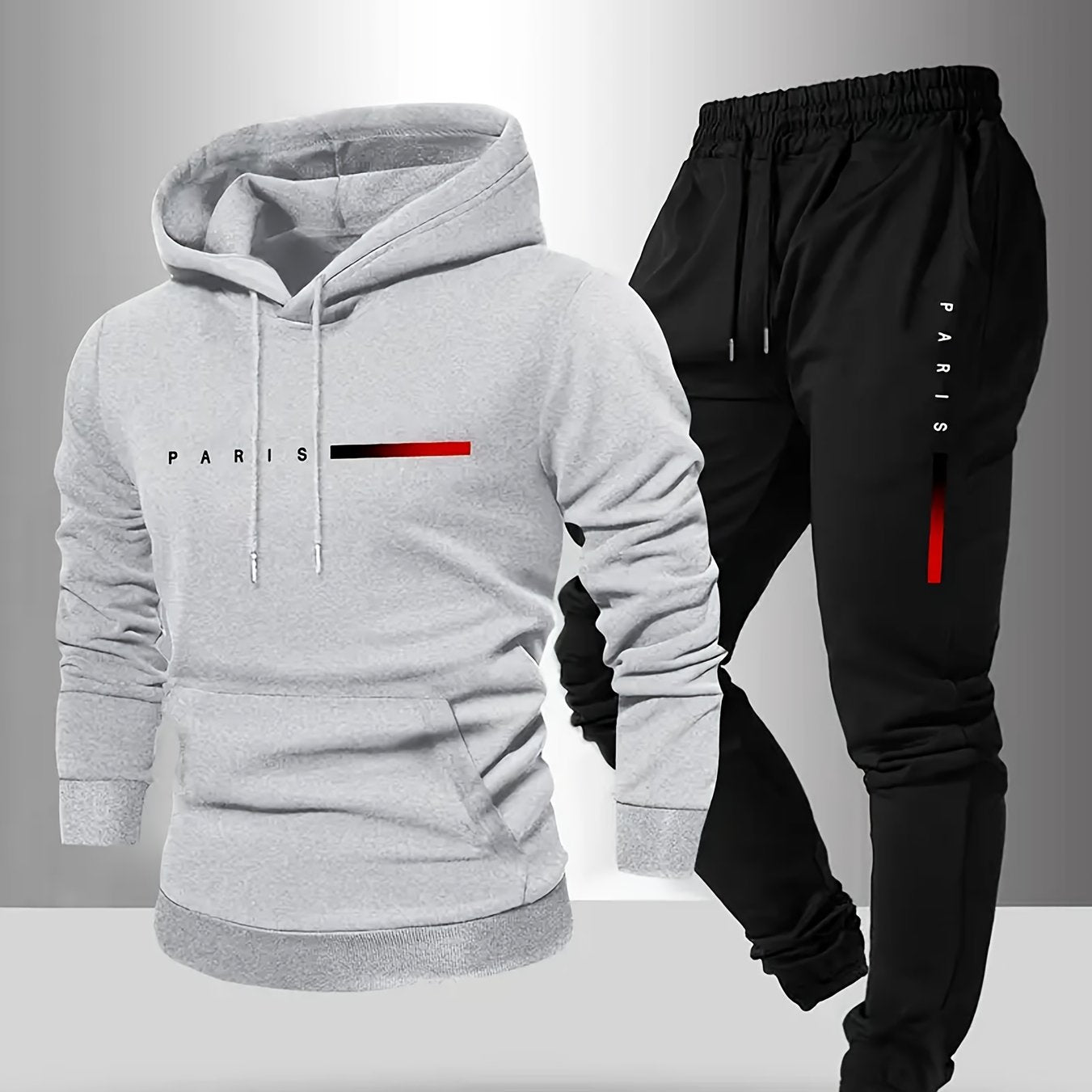 Halloween Men'S Hoodie with PARIS Lettering And Drawstring Sweatpants Set, a Must-Have Outfit for Autumn And Winter, Perfect for Everyday Outdoor Wear - ayq