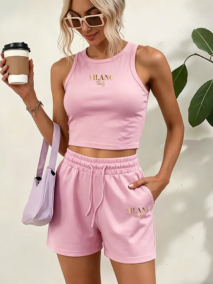 Casual Women's Two-Piece Suit with Graphic Print Vest & Shorts