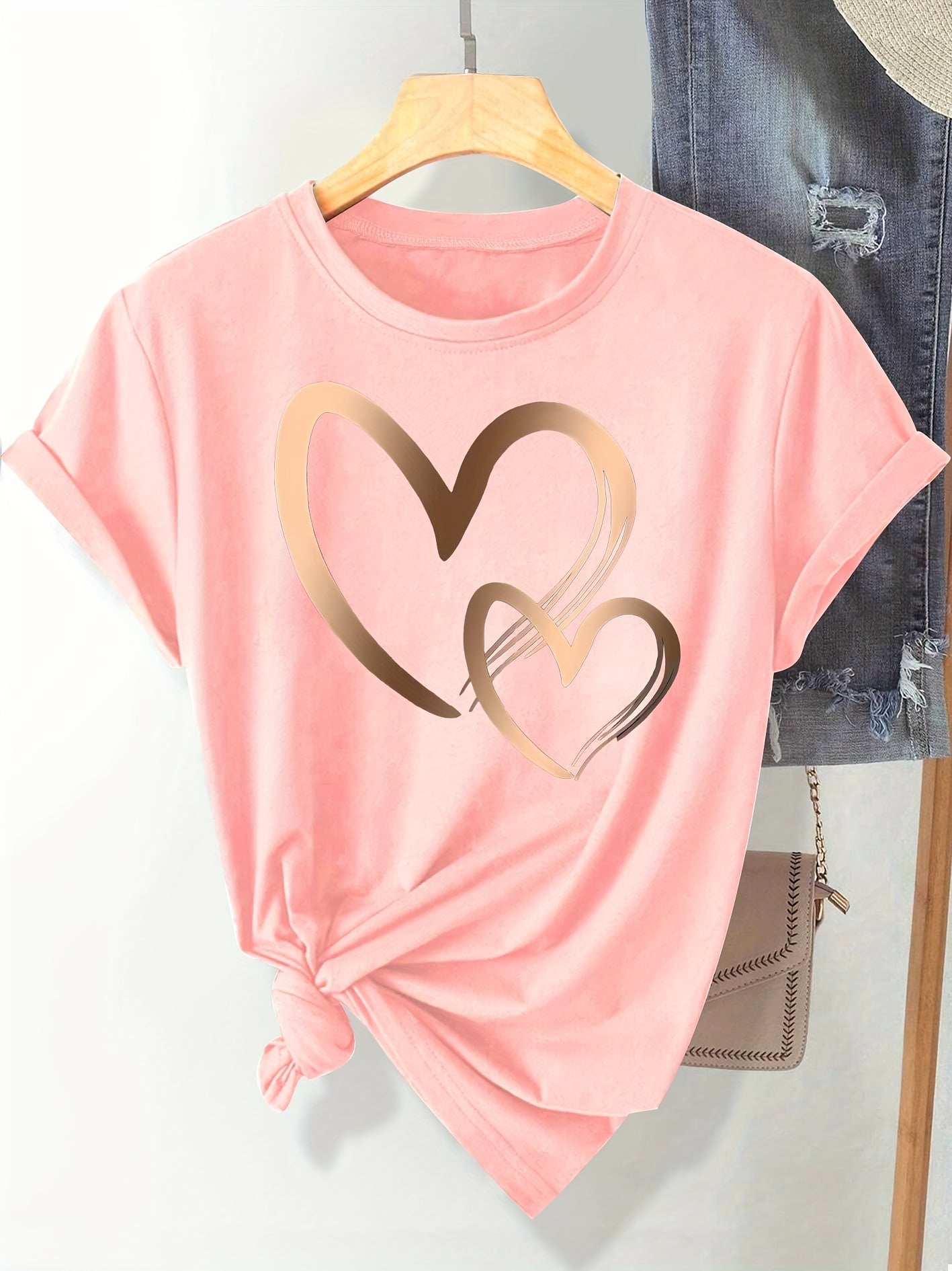 Chic Love Series Gradient Double Heart Graphic Tee for Women - Casual Retro Style, Round Neck Short Sleeve, Breathable Polyester, Machine Washable, in Black with Golden & White Hearts, Sizes S-XXL