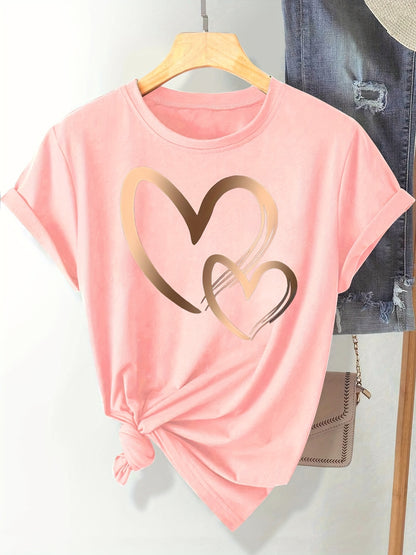 Chic Love Series Gradient Double Heart Graphic Tee for Women - Casual Retro Style, Round Neck Short Sleeve, Breathable Polyester, Machine Washable, in Black with Golden & White Hearts, Sizes S-XXL