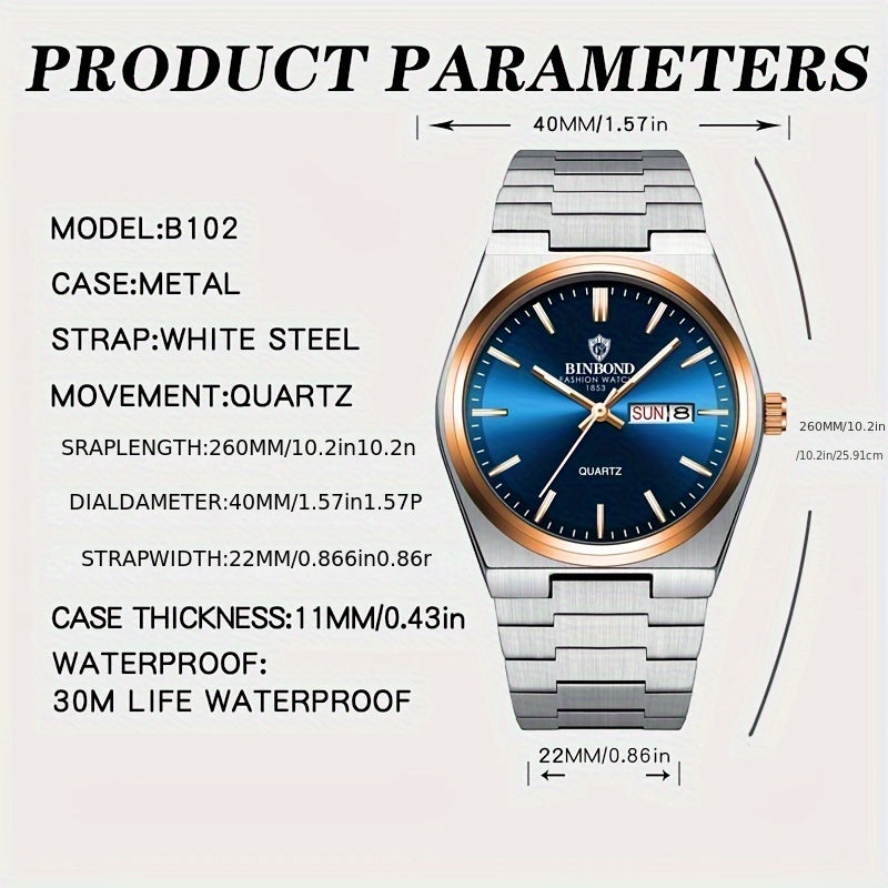 BINBOND Fashion Solid Stainless Steel Buckle Men's Business Casual Quartz Watch Thin Double Calendar Men's Watch