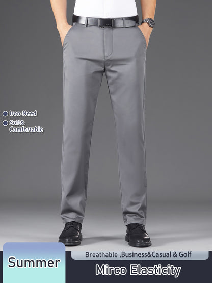 Men's Solid Color Straight Leg Business Style Cotton Blend Pants, Casual Comfy Breathable Outdoor Trousers As Gift