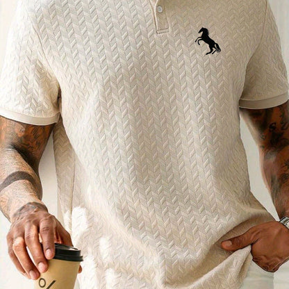 Men'S Casual Short Sleeve Knit Polo Shirt, Polyester Blend with Slight Stretch, Summer Fashion Pullover with Button Details and Print Horse Emblem