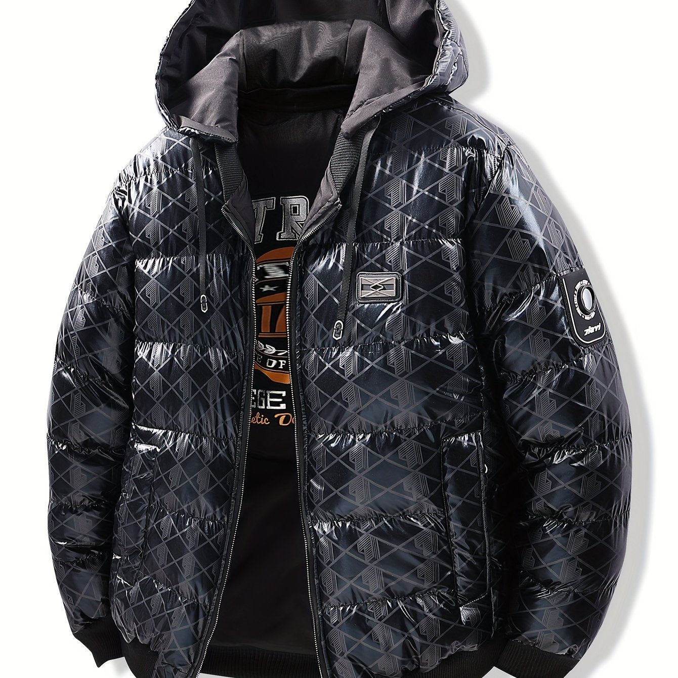 Men'S Stylish Hooded Winter Jacket - Thickened, Warm, and Trendy with Geometric Pattern, Black with Orange Accents, Polyester Filler, Perfect for Cold Weather, Winter Jacket Hooded