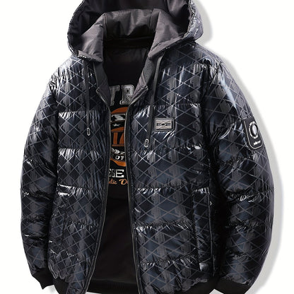 Men'S Stylish Hooded Winter Jacket - Thickened, Warm, and Trendy with Geometric Pattern, Black with Orange Accents, Polyester Filler, Perfect for Cold Weather, Winter Jacket Hooded