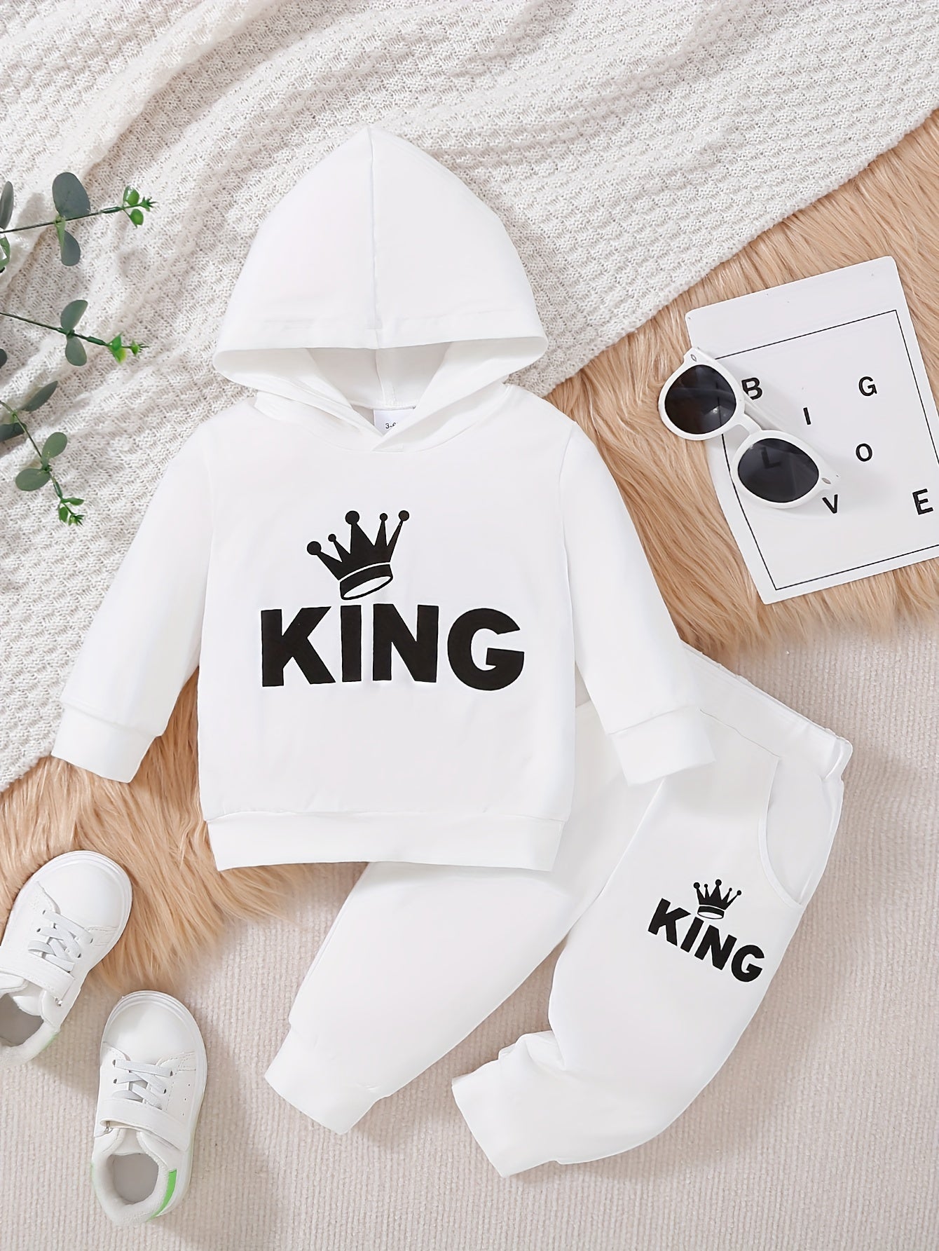 2 հատ Baby Boy's Casual Fashion Outfit Hooded KING Print երկարաթև մարզաշապիկ + շալվար բացօթյա հավաքածու