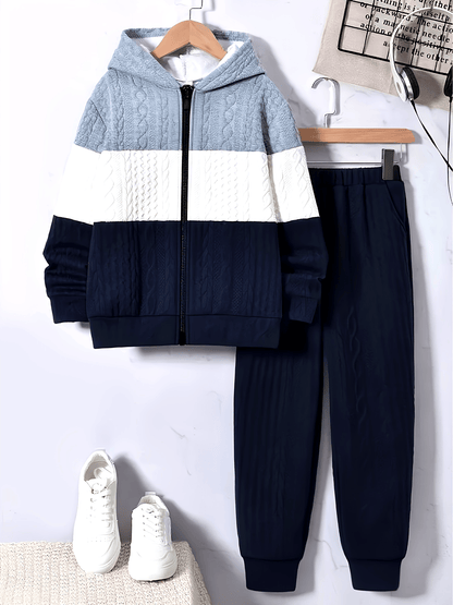 Youth 's Fashion Thickened Jacquard Fabric Grey White Navy Contrast Stitched Hoodie Sweatshirt + Comfortable Drawstring Casual Pants Two-Piece Set, Perfect for Outdoor Activities, Perfect for Outdoor