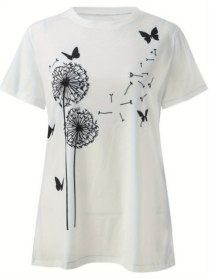 Dandelion &amp; Butterfly Print T-shirt, Casual Crew Neck կարճ թև վերնաշապիկ գարնան և ամառի համար, կանացի հագուստ