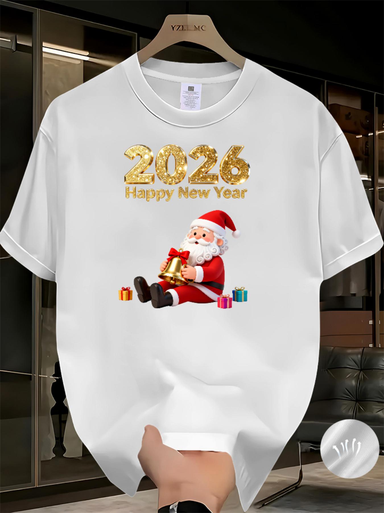 Men'S 2026 Happy New Year Santa Claus Graphic T-Shirt - Breathable Summer Casual Tee with Golden & Red Print, Regular Fit Round Neck Short Sleeve, Festive Clothing, Comfortable Fit, Holiday Shoppers