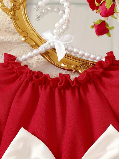 Աղջկա երկար թևքերով երեկույթի զգեստ - ձմեռային, պաշտոնական և ամենօրյա հագուստ, լվացքի մեքենայով լվացվող փոքրիկի և աղջիկների հագուստ՝ առջևի ժապավենի շեշտադրմամբ - հարուստ կարմիր ծննդյան, Սուրբ Ծննդյան, լուսանկարահանման զգեստ