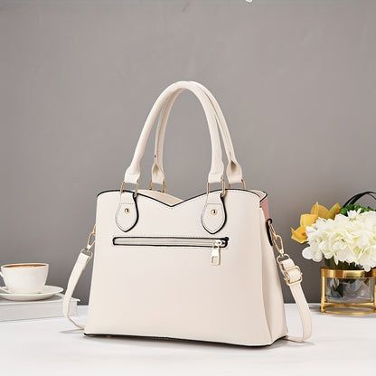 Wo 's Casual Geometric Two-Tone Large Capacity   Handbag with Adjustable   Strap, Detachable Wristlet & Zipper Closure - in Khaki/White/Pink/Red/Green/Black, Travel Accessory, Stylish Accessory, Durable Construction, Spacious